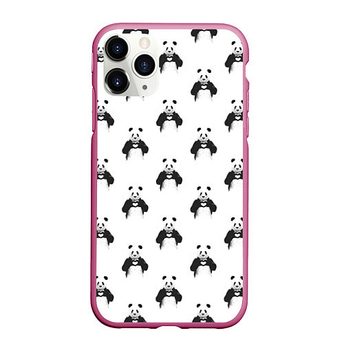 Чехол iPhone 11 Pro матовый Panda love - pattern / 3D-Малиновый – фото 1