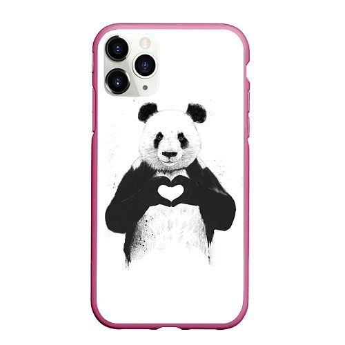 Чехол iPhone 11 Pro матовый Panda love / 3D-Малиновый – фото 1