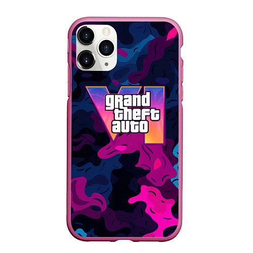 Чехол iPhone 11 Pro матовый Gta лого синий и фиолетовый камуфляж / 3D-Малиновый – фото 1