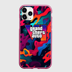 Чехол iPhone 11 Pro матовый Gta лого камуфляж кислотные кляксы, цвет: 3D-малиновый