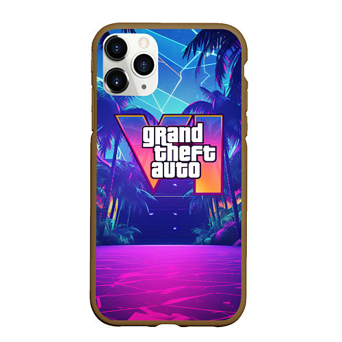 Чехол iPhone 11 Pro матовый Gta 6 логотип в стиле ночного vice city / 3D-Коричневый – фото 1