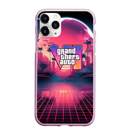 Чехол iPhone 11 Pro матовый GTA 6 logo retro night / 3D-Розовый – фото 1