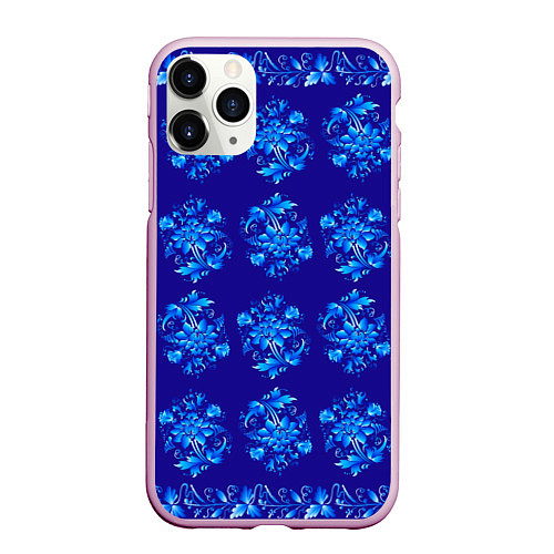 Чехол iPhone 11 Pro матовый Узоры гжель на синем фоне / 3D-Розовый – фото 1