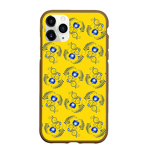 Чехол iPhone 11 Pro матовый Узор - цветы гжель на желтом фоне / 3D-Коричневый – фото 1