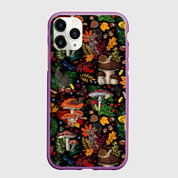 Чехол iPhone 11 Pro матовый Фон с лесными грибами, цвет: 3D-фиолетовый