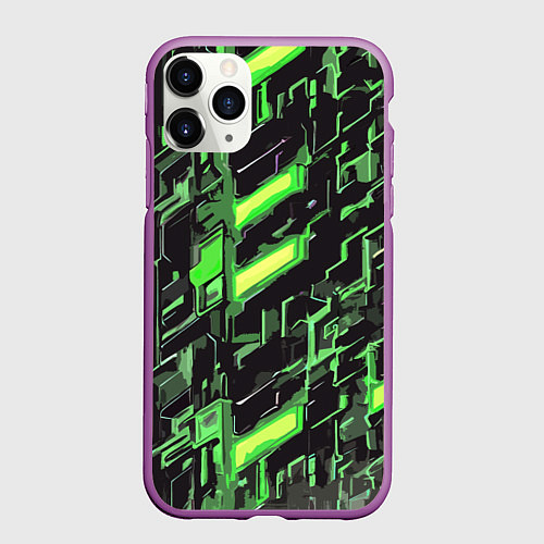 Чехол iPhone 11 Pro матовый Зелёные неоновые линии / 3D-Фиолетовый – фото 1