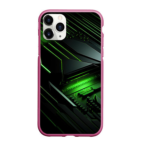 Чехол iPhone 11 Pro матовый Металл и зеленый яркий неоновый свет / 3D-Малиновый – фото 1