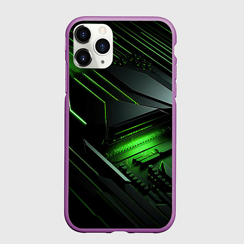 Чехол iPhone 11 Pro матовый Металл и зеленый яркий неоновый свет / 3D-Фиолетовый – фото 1