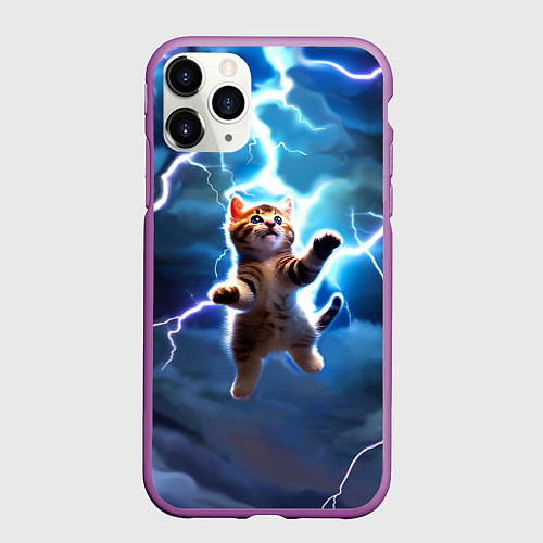 Чехол iPhone 11 Pro матовый Гром кот и молния / 3D-Фиолетовый – фото 1