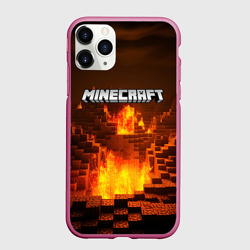 Чехол iPhone 11 Pro матовый Огненный minecraft логотип / 3D-Малиновый – фото 1