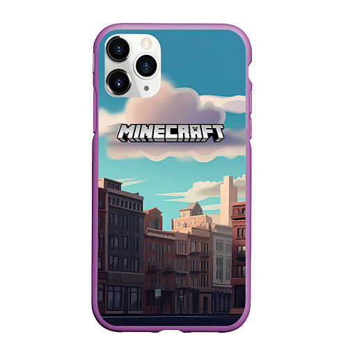 Чехол iPhone 11 Pro матовый Minecraft город и лого / 3D-Фиолетовый – фото 1