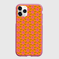 Чехол iPhone 11 Pro матовый Паттерн розы с листиками, цвет: 3D-малиновый