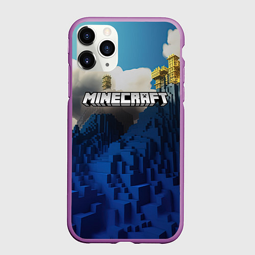Чехол iPhone 11 Pro матовый Minecraft лого и горы / 3D-Фиолетовый – фото 1