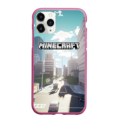 Чехол iPhone 11 Pro матовый Minecraft дневной город / 3D-Малиновый – фото 1