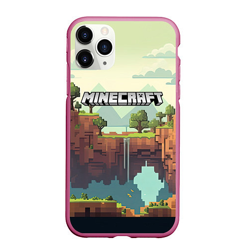 Чехол iPhone 11 Pro матовый Minecraft logo квадратный мир / 3D-Малиновый – фото 1