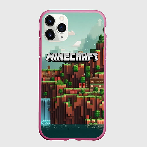 Чехол iPhone 11 Pro матовый Minecraft logo квадратный мир / 3D-Малиновый – фото 1