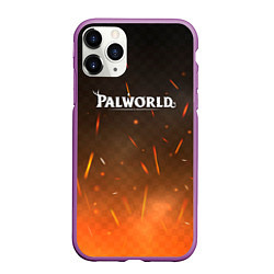 Чехол iPhone 11 Pro матовый Palworld лого на фоне огня, цвет: 3D-фиолетовый