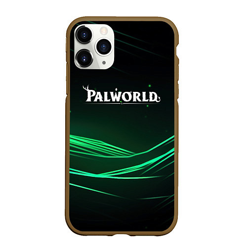 Чехол iPhone 11 Pro матовый Palworld логотип черный зеленый фон / 3D-Коричневый – фото 1