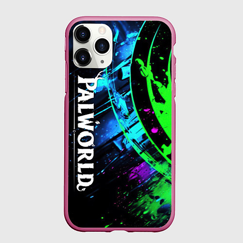 Чехол iPhone 11 Pro матовый Palworld логотип абстракт на темно-зеленом фоне / 3D-Малиновый – фото 1