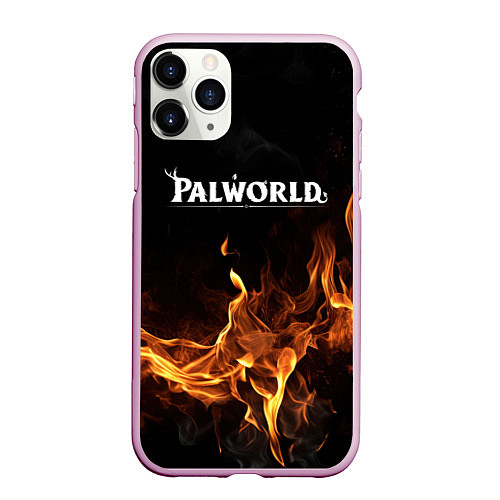 Чехол iPhone 11 Pro матовый Palworld логотип на черном фоне с огнем / 3D-Розовый – фото 1
