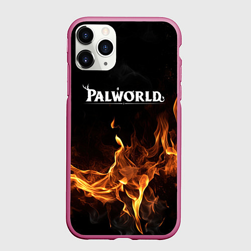 Чехол iPhone 11 Pro матовый Palworld логотип на черном фоне с огнем / 3D-Малиновый – фото 1