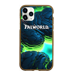 Чехол iPhone 11 Pro матовый Palworld логотип на ярких синих и зеленых неоновых