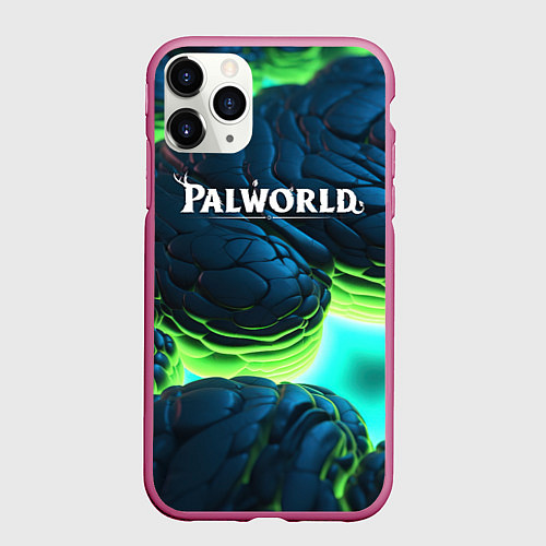 Чехол iPhone 11 Pro матовый Palworld логотип на ярких синих и зеленых неоновых / 3D-Малиновый – фото 1