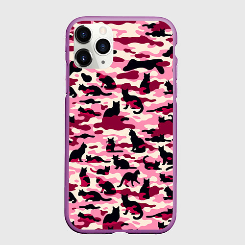 Чехол iPhone 11 Pro матовый Камуфляжные розовые котики / 3D-Фиолетовый – фото 1