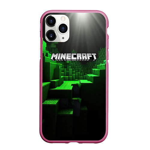 Чехол iPhone 11 Pro матовый Minecraft logo зеленые яркие плитки / 3D-Малиновый – фото 1
