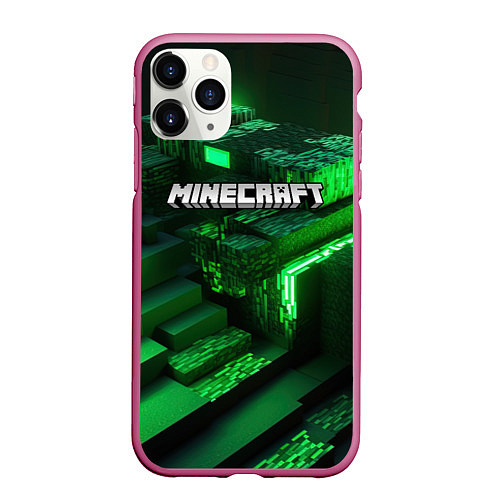 Чехол iPhone 11 Pro матовый Minecraft logo зеленые неоновые кубы / 3D-Малиновый – фото 1