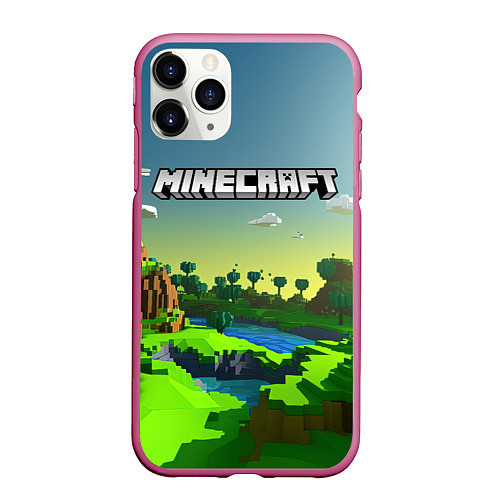 Чехол iPhone 11 Pro матовый Minecraft logo зеленый летний мир / 3D-Малиновый – фото 1