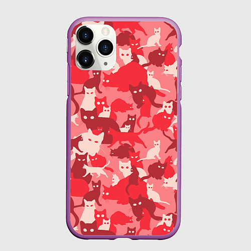 Чехол iPhone 11 Pro матовый Розовый кошачий комуфляж / 3D-Фиолетовый – фото 1