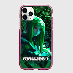 Чехол iPhone 11 Pro матовый Minecraft девушка зеленый мир, цвет: 3D-малиновый
