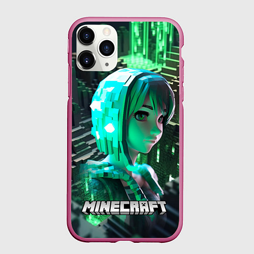 Чехол iPhone 11 Pro матовый Minecraft персонаж на острове / 3D-Малиновый – фото 1