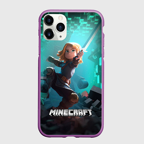 Чехол iPhone 11 Pro матовый Персонаж Minecraft с мечом / 3D-Фиолетовый – фото 1