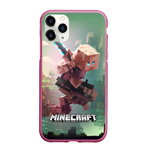 Чехол iPhone 11 Pro матовый Персонаж Minecraft ниндзя в прыжке / 3D-Малиновый – фото 1