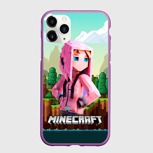 Чехол iPhone 11 Pro матовый Персонаж Minecraft девушка в пиксельном мире / 3D-Фиолетовый – фото 1
