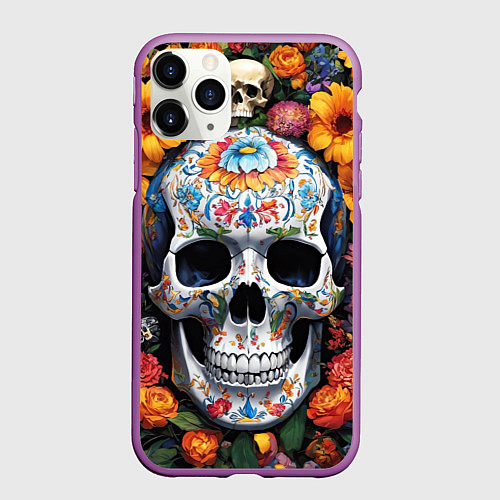 Чехол iPhone 11 Pro матовый Bright colors and a skull / 3D-Фиолетовый – фото 1