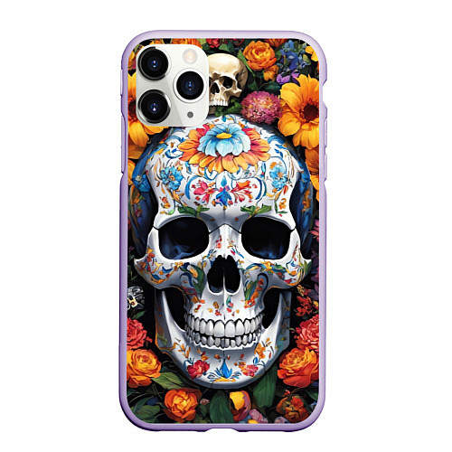 Чехол iPhone 11 Pro матовый Bright colors and a skull / 3D-Светло-сиреневый – фото 1