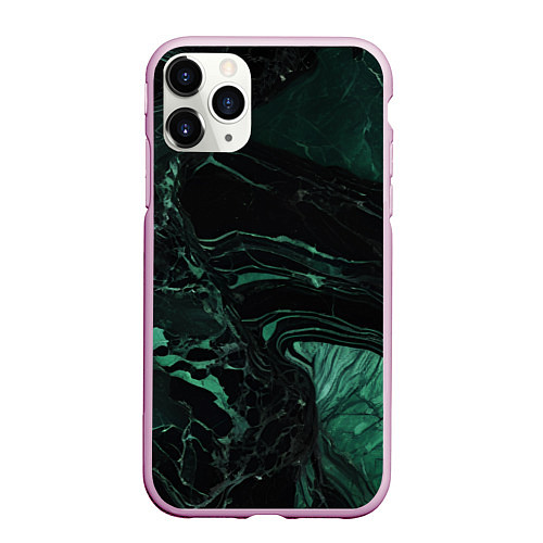 Чехол iPhone 11 Pro матовый Черно-зеленый мрамор / 3D-Розовый – фото 1