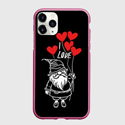 Чехол iPhone 11 Pro матовый Гном с сердечками, цвет: 3D-малиновый