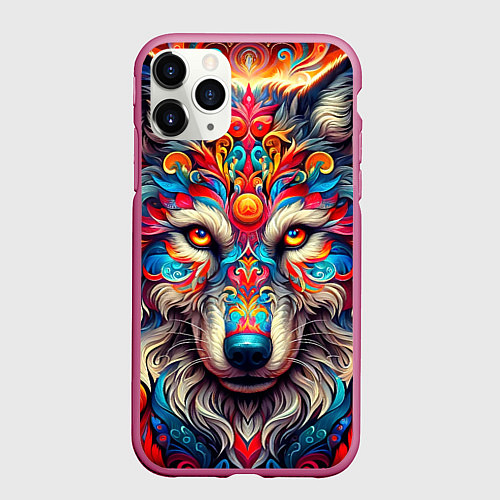 Чехол iPhone 11 Pro матовый Красочный волк / 3D-Малиновый – фото 1