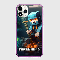 Чехол iPhone 11 Pro матовый Minecraft персонаж у костра, цвет: 3D-фиолетовый