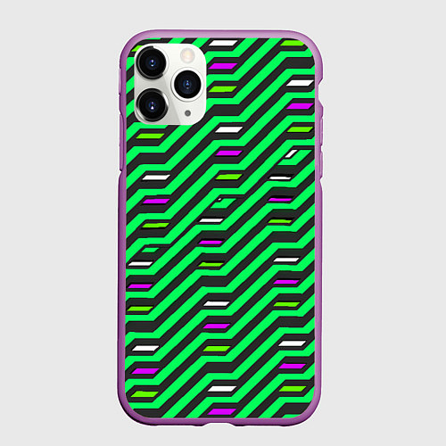 Чехол iPhone 11 Pro матовый Киберпанк узор зелёный и чёрный / 3D-Фиолетовый – фото 1