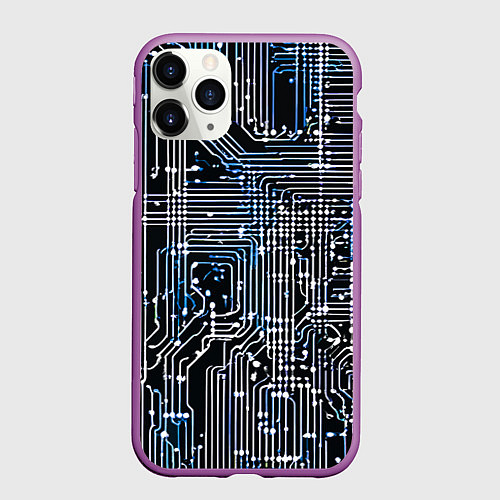 Чехол iPhone 11 Pro матовый Киберпанк схемы белые и синие / 3D-Фиолетовый – фото 1
