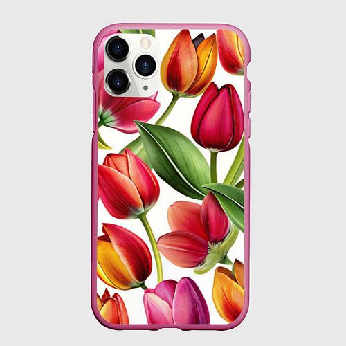 Чехол iPhone 11 Pro матовый Паттерн с тюльпанами / 3D-Малиновый – фото 1