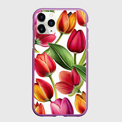 Чехол iPhone 11 Pro матовый Паттерн с тюльпанами, цвет: 3D-фиолетовый