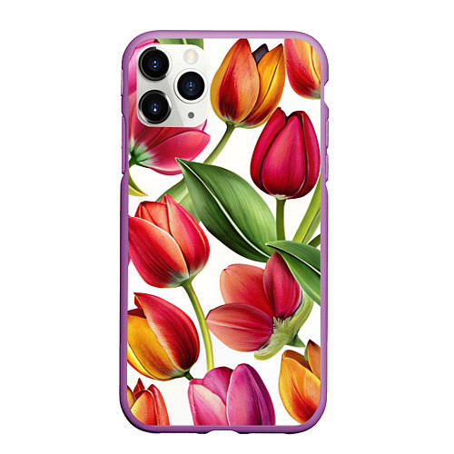 Чехол iPhone 11 Pro матовый Паттерн с тюльпанами / 3D-Фиолетовый – фото 1