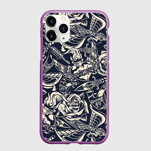 Чехол iPhone 11 Pro матовый Gray tattoo machine / 3D-Фиолетовый – фото 1