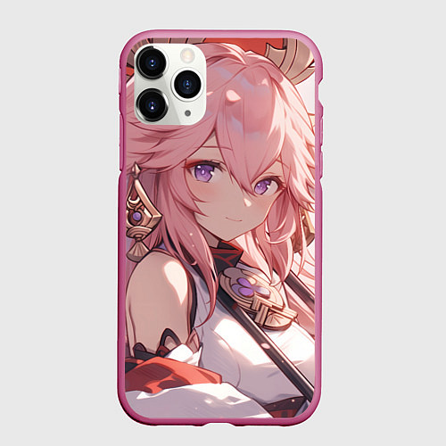Чехол iPhone 11 Pro матовый Genshin Impact Яэ Miko smile / 3D-Малиновый – фото 1